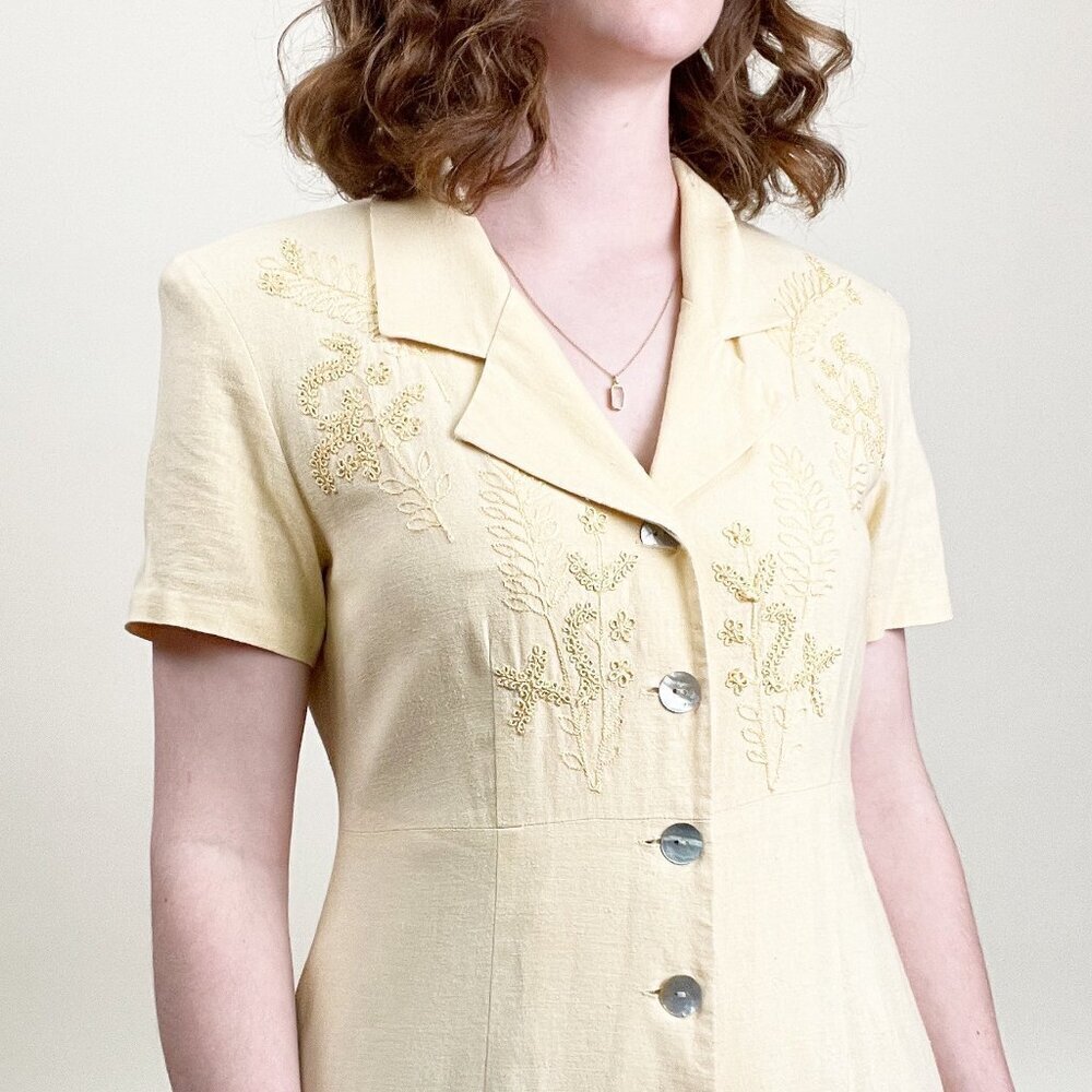 Vintage Linen Floral Embroidered Button Up Down Midi Dress Summer Sun Sundress - Picture 2 of 7